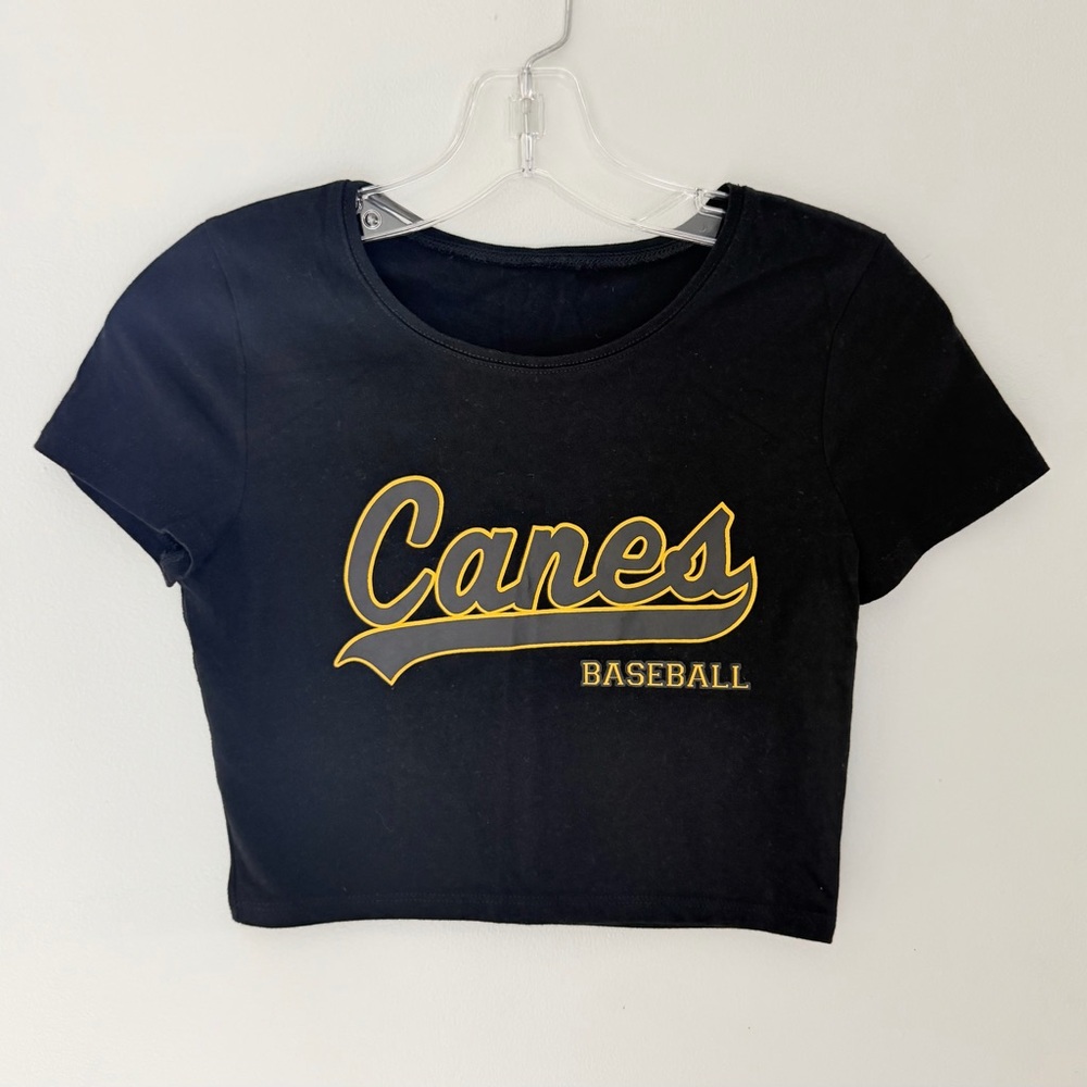 Gildan Black Crop Top with Yellow "Canes Baseball" Logo